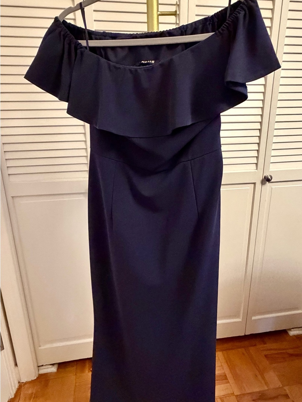 Off-the-Shoulder Navy Blue Ruffle Maxi Dress